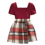 LMTODLFG Baby Girl Clothes Toddler Kids Girls Summer Short Sleeve Ribbed Solid Tops Blouse Plaid Patchwork Skirt Outfit Clothes 2PCS Set Summer Outfits Red 3-4 Years